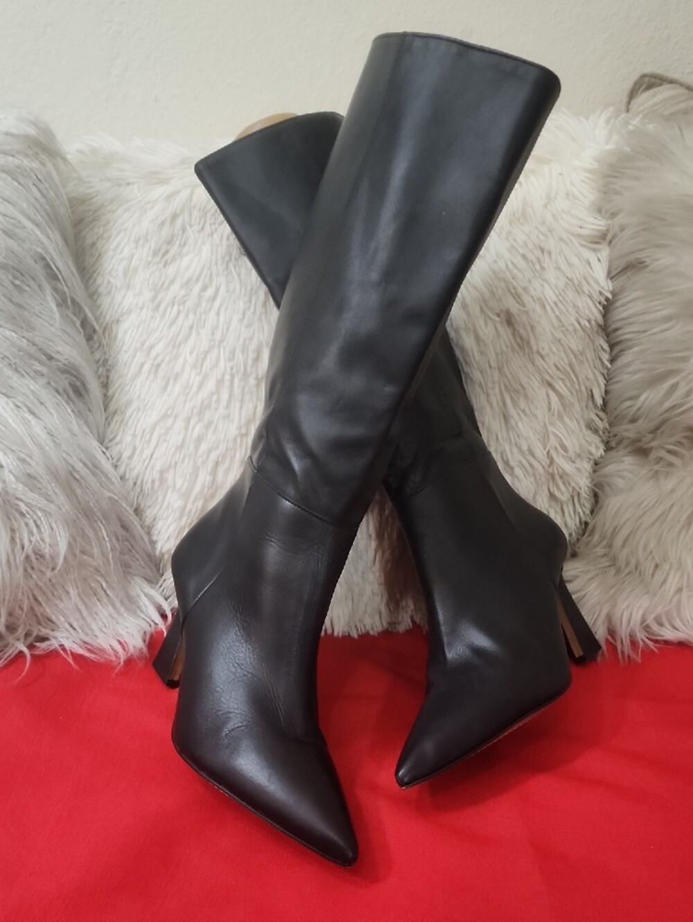 Vince Camuto Tressara Black Pointed-Toe Knee-High Leather Boots